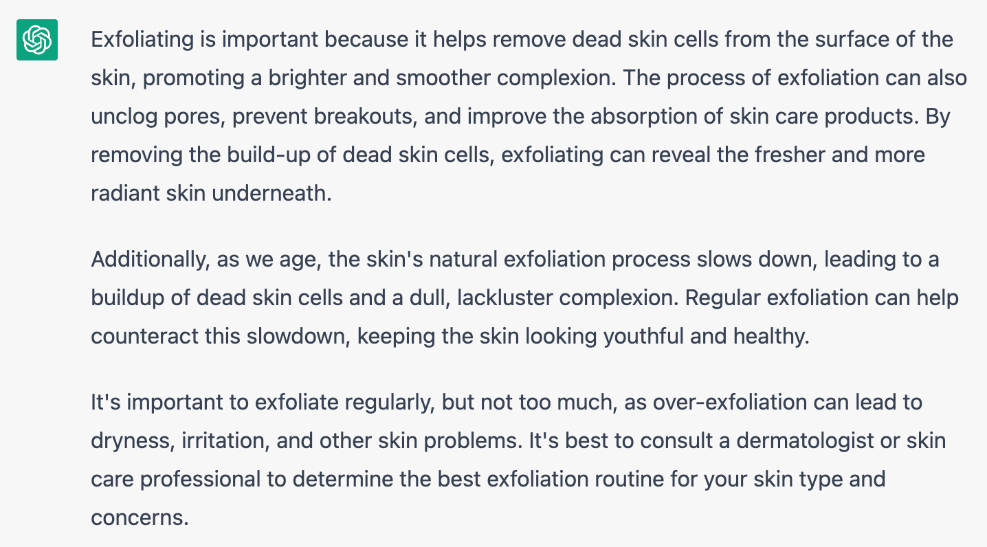 Chat GPT interface with a long answer about the benefits of exfoliating