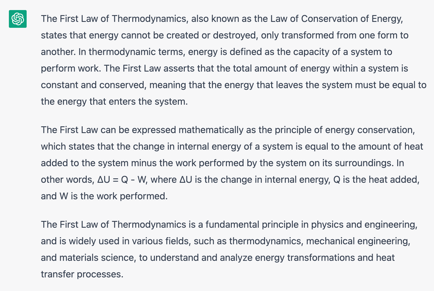 ChatGPT interface answering the First Law of Thermodynamics