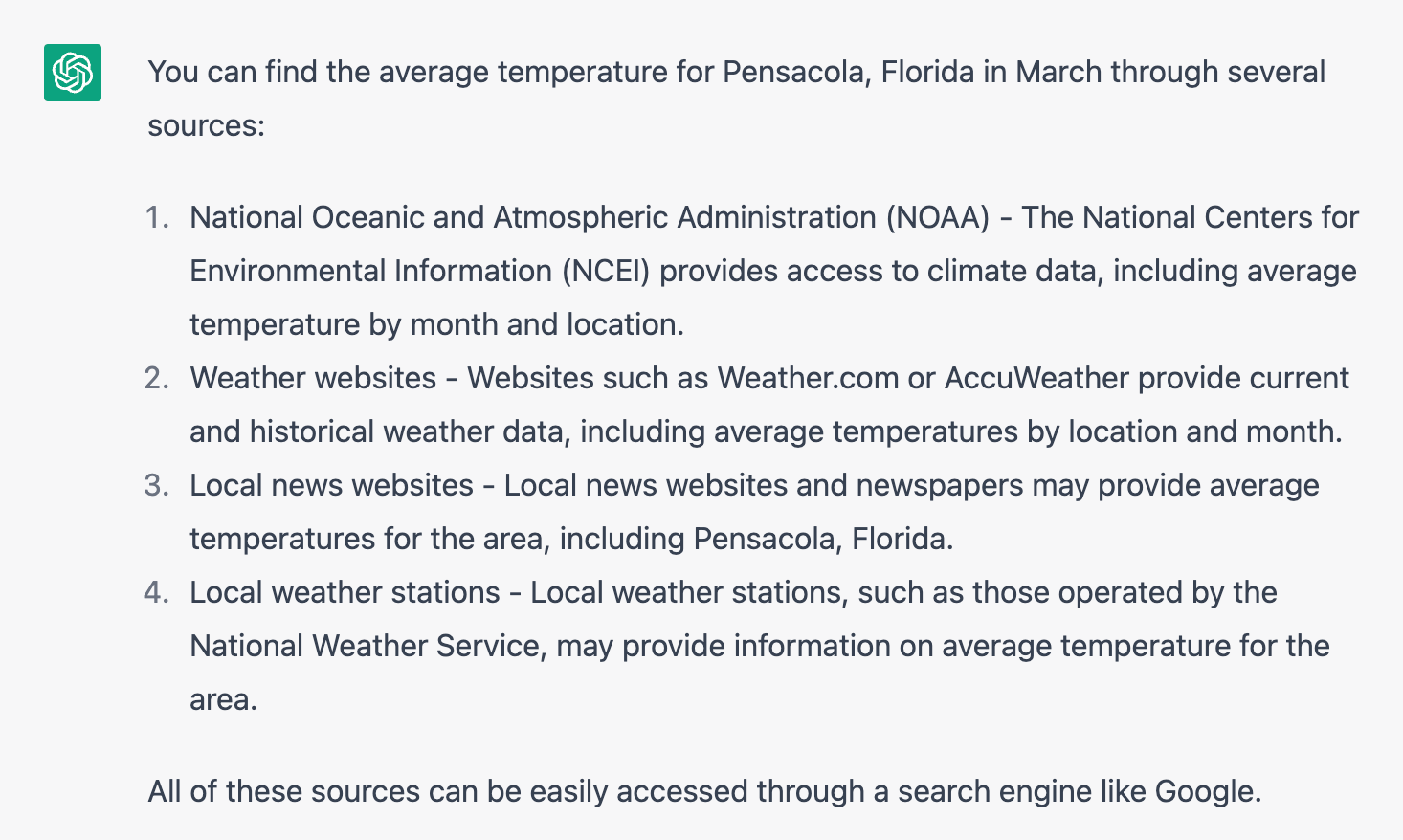 ChatGPT interface showing detailed temperature trends about Pensacola, Florida