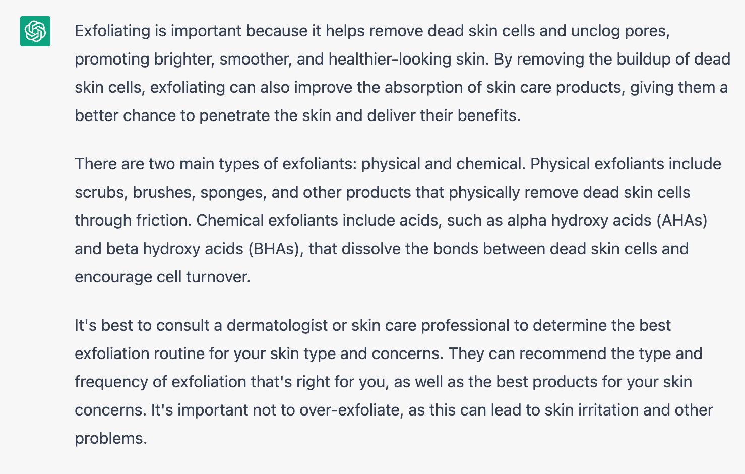 Chat GPT interface with a shorter answer about the benefits of exfoliating