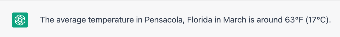 ChatGPT interface displaying temperature in Pensacola, Florida