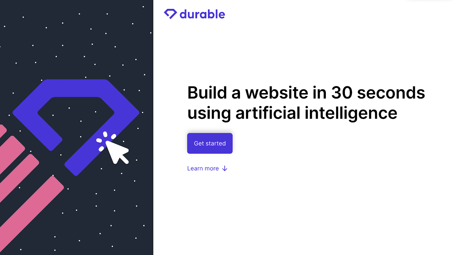 A screenshot of the first page in the Durable AI website builder tool, with text that reads "Build a website in 30 seconds using artificial intelligence."x