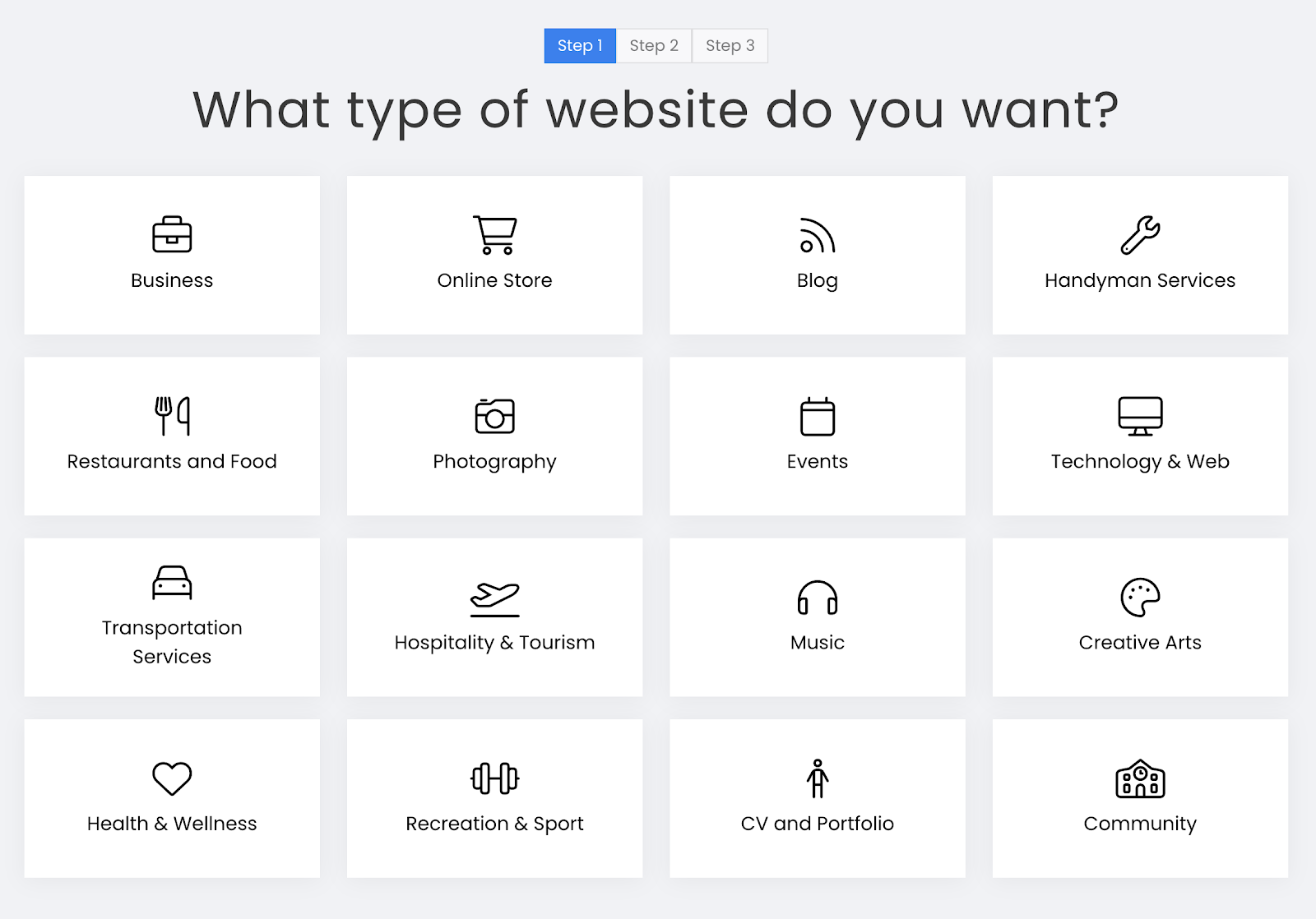 A screenshot from SITE123 showing a page that asks you to decide what type of website you want.