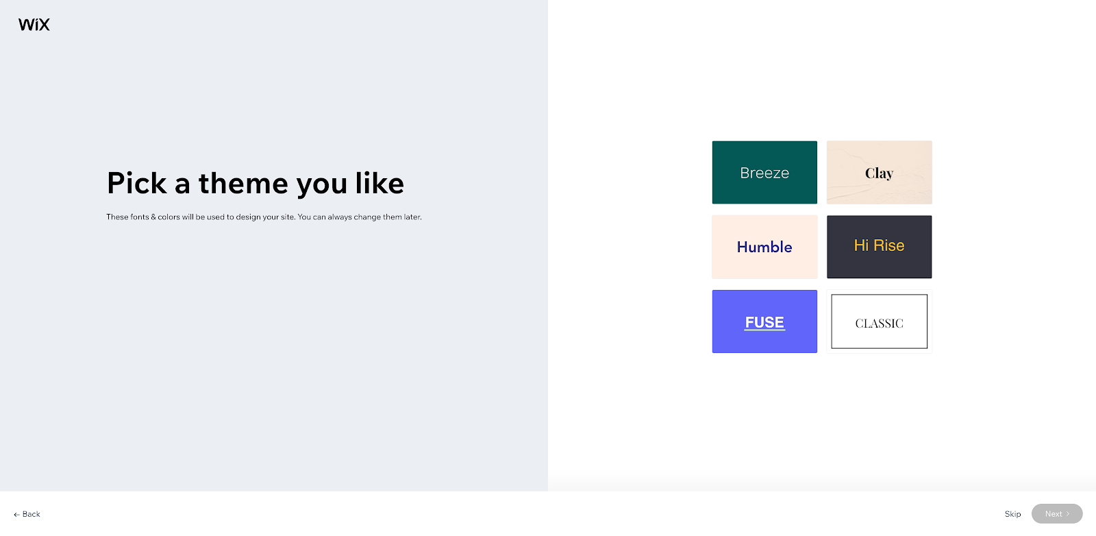 A screenshot from Wix where the AI website builder tool asks you to pick a theme.
