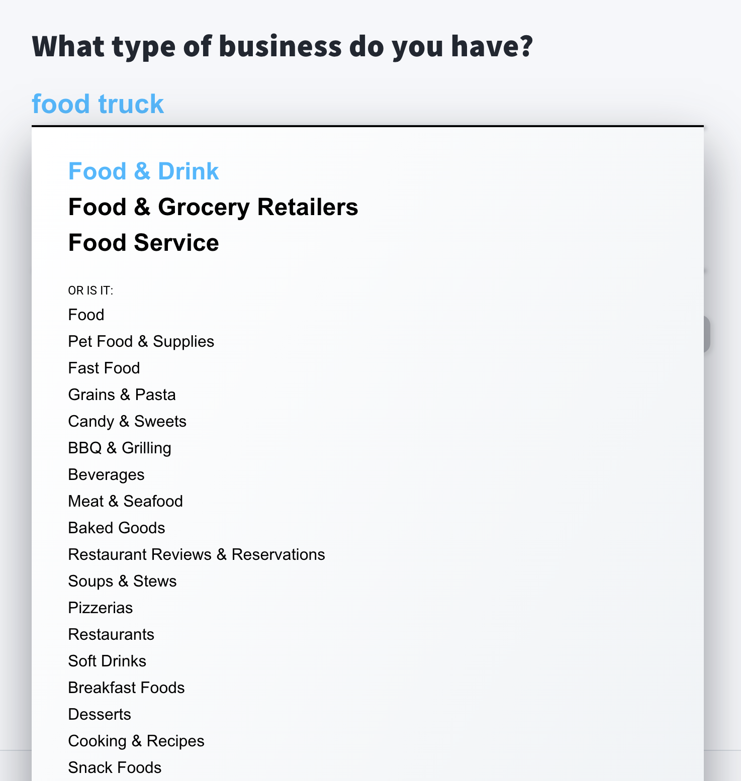 A screenshot from GetResponse showing the options available when searching the term "food truck."