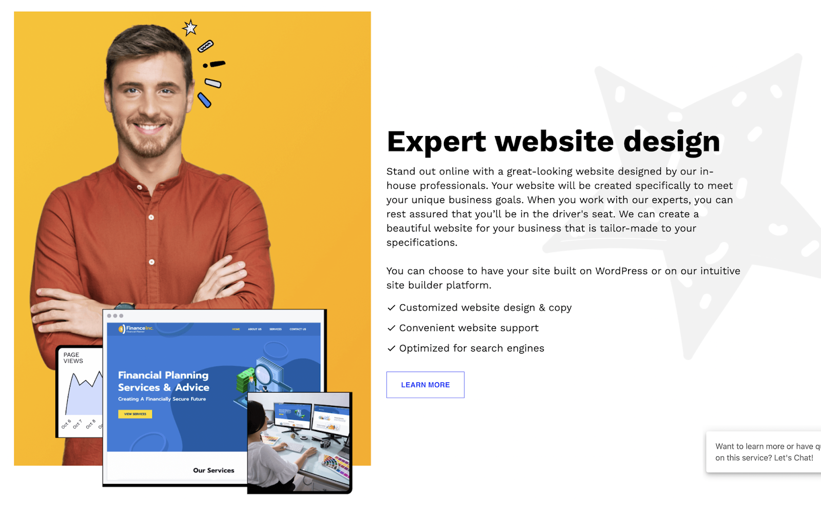 A screenshot from websitebuilder.com showing promotional material for their design experts.