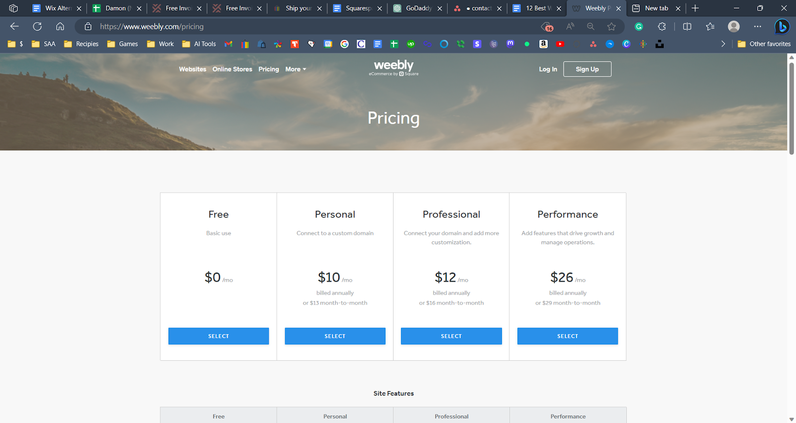 A screenshot of Weebly's pricing plans