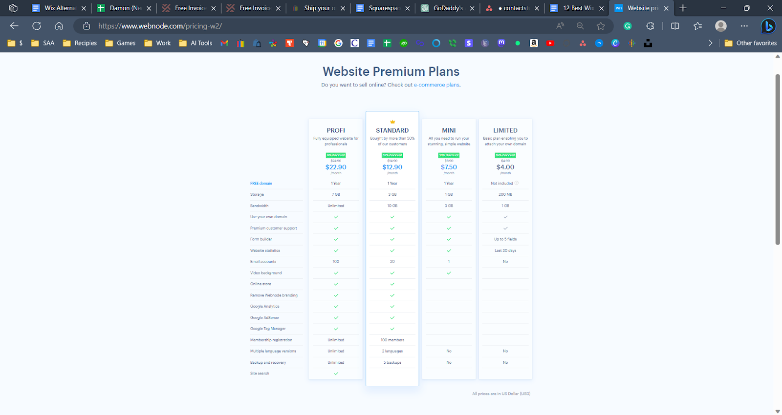 A screenshot of Webdone's pricing plan