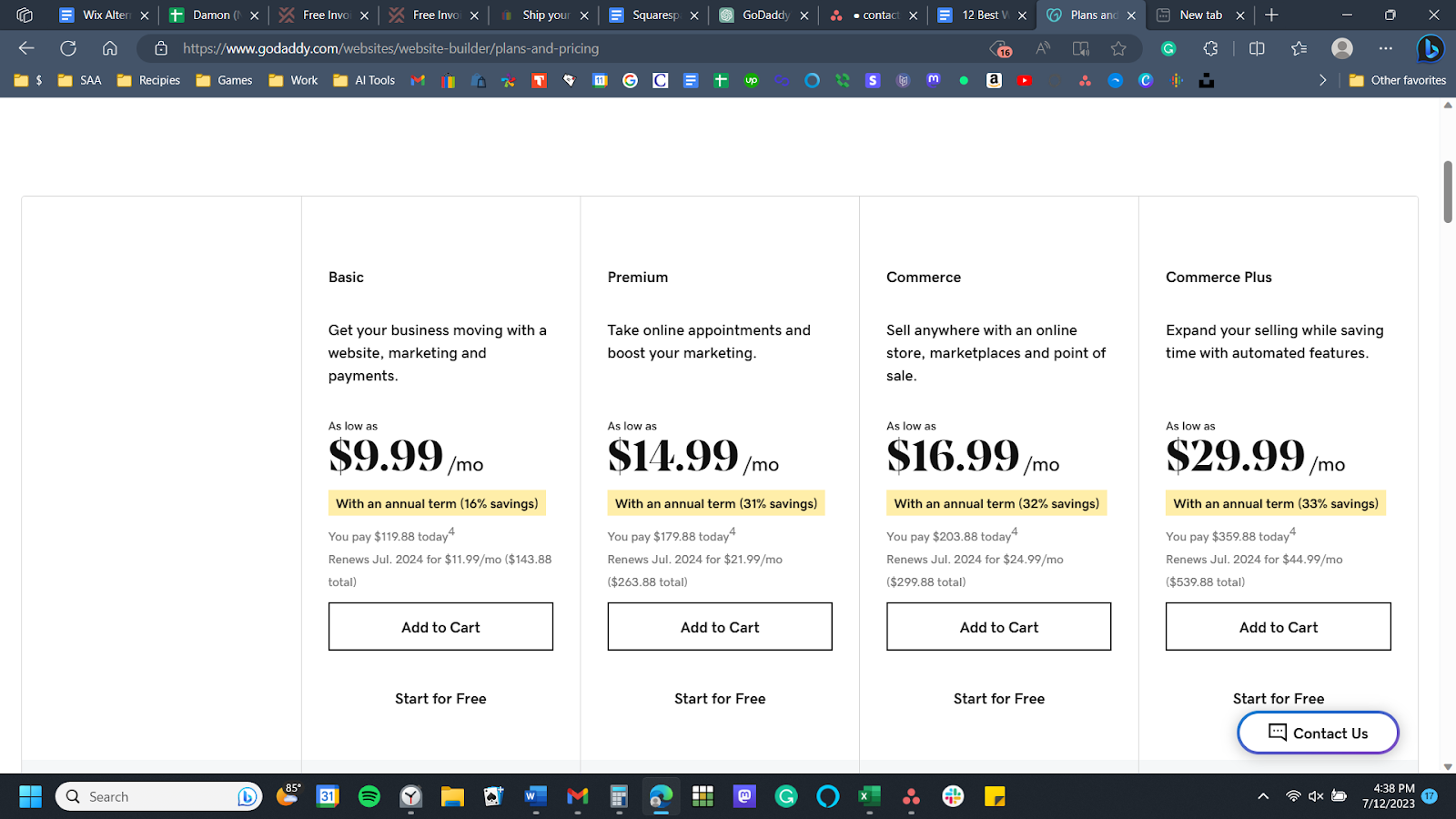 a screenshot of GoDaddy's pricing plans
