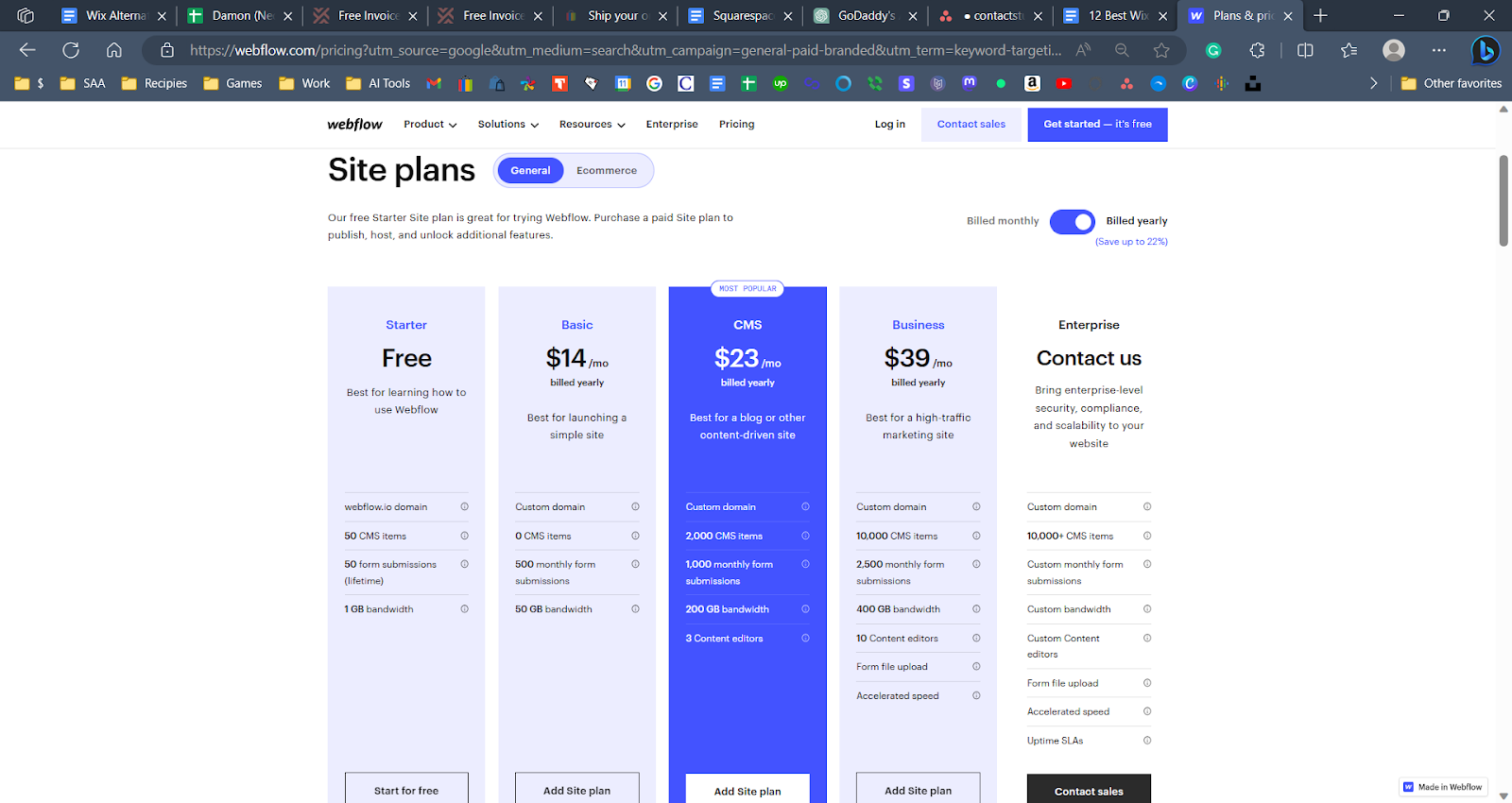 A screenshot of Webflow's pricing plans