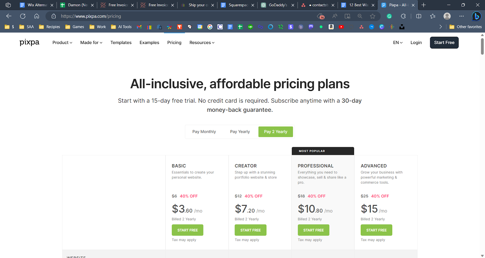 a screenshot of Pixpa's pricing plans
