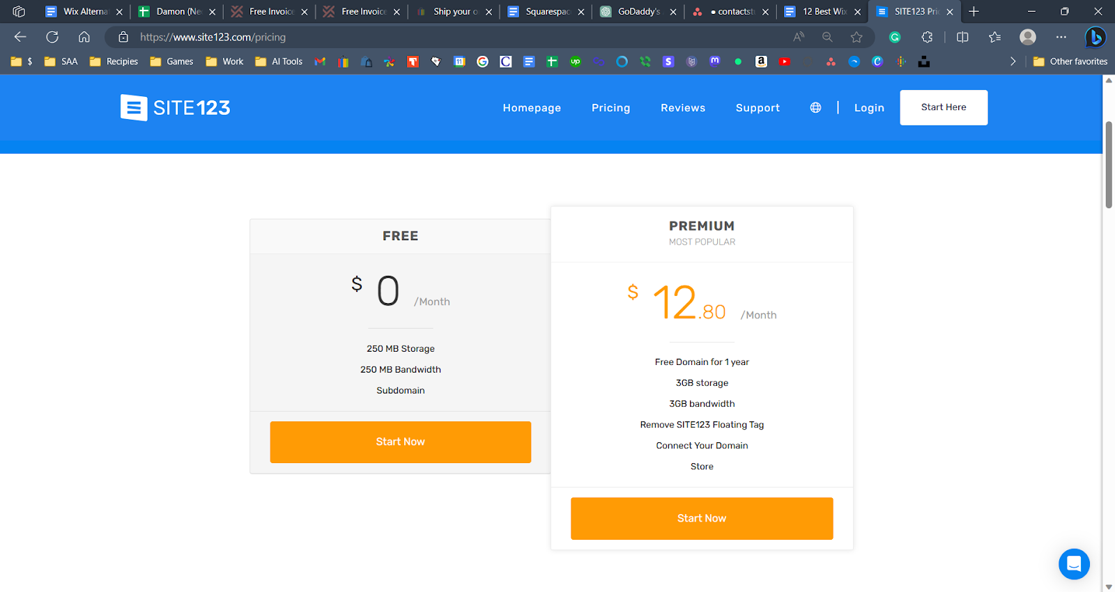 A screenshot of SITE123's pricing plans