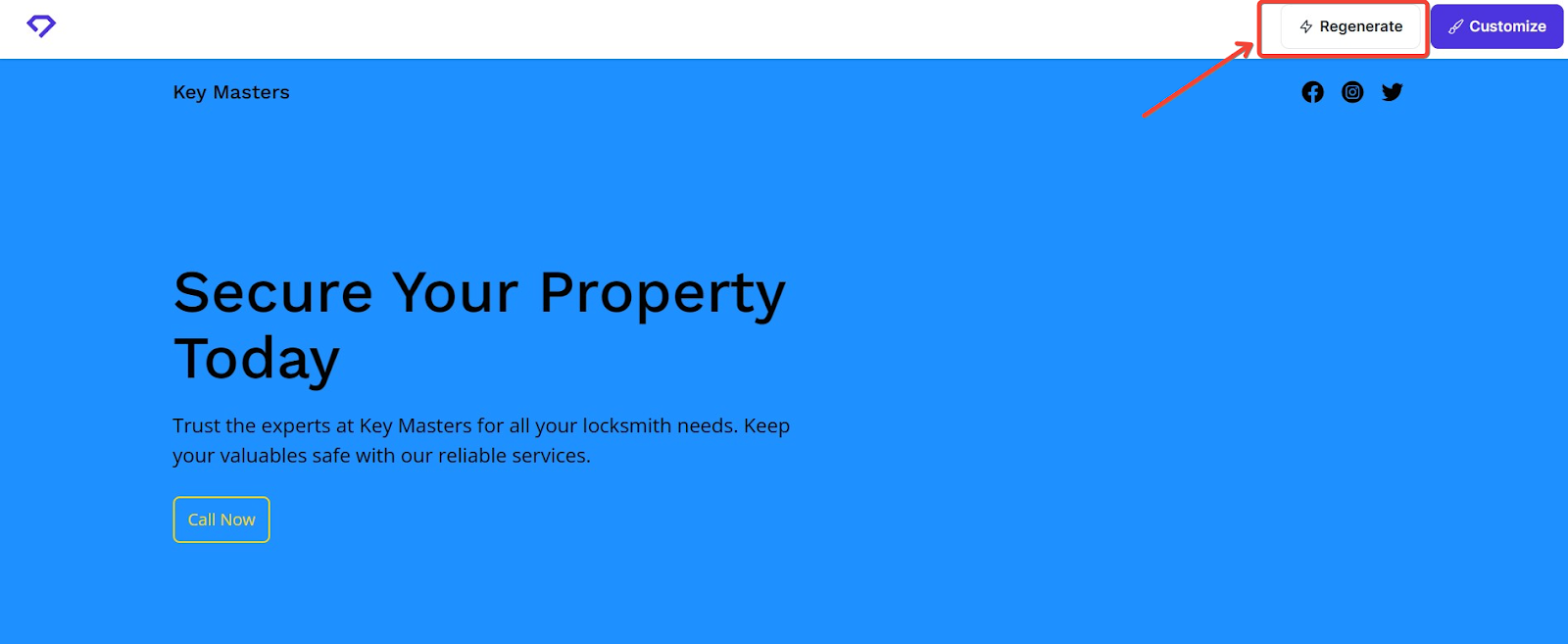 A screenshot of a Durable AI generated home page that says "Secure your property today". An arrow is pointing to the regenerate button at the top right of the screen. 