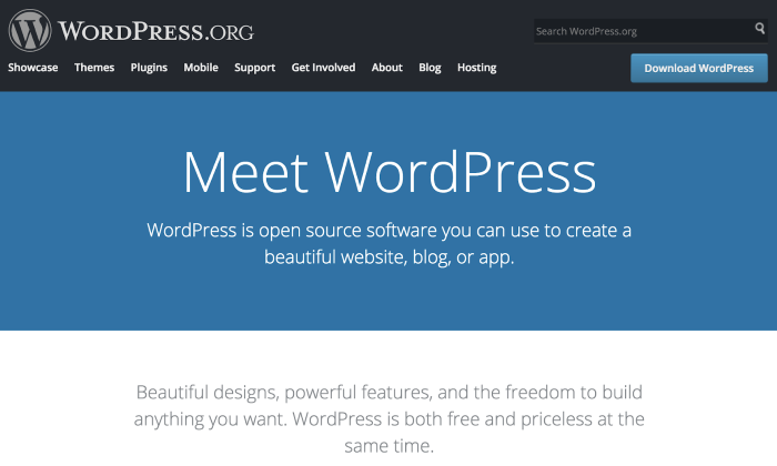 Screenshot of Wordpress home page