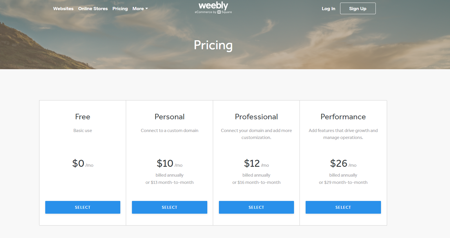 screenshot of Weebly pricing plan