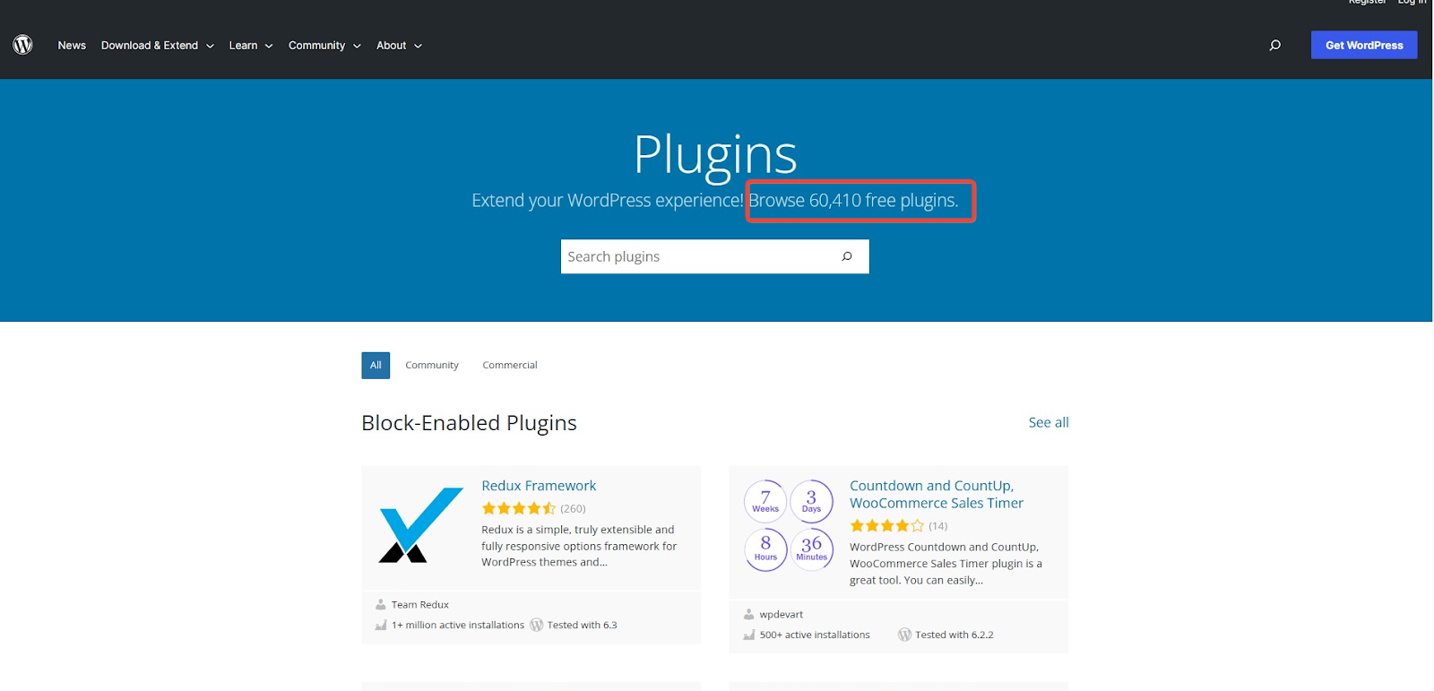 Shreenshot showing Wordpress has 60k plugins