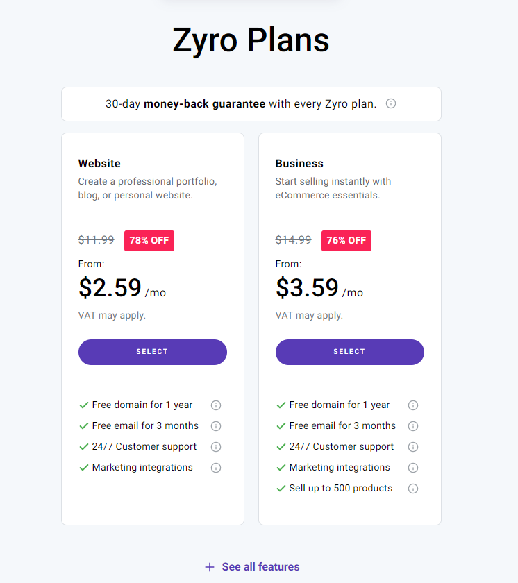 screenshot of Zyro pricing plans
