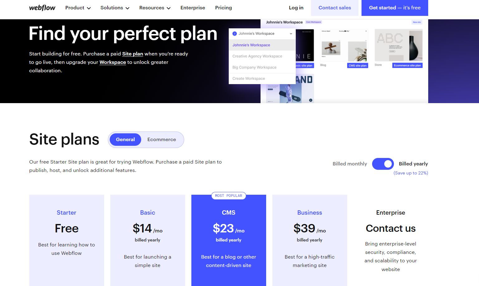 screenshot of Webflow pricing plans