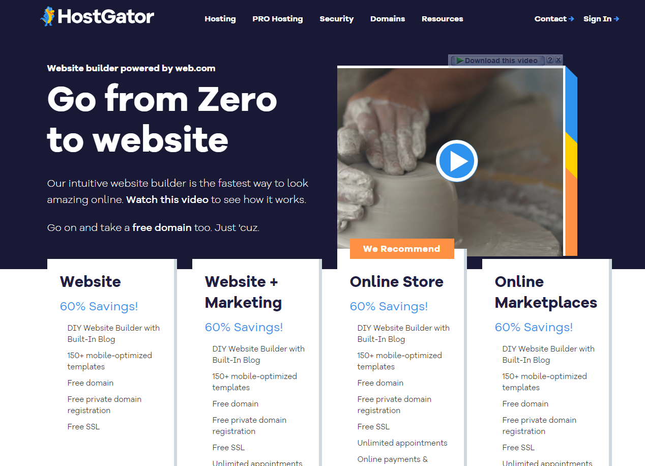 screenshot of HostGator home page