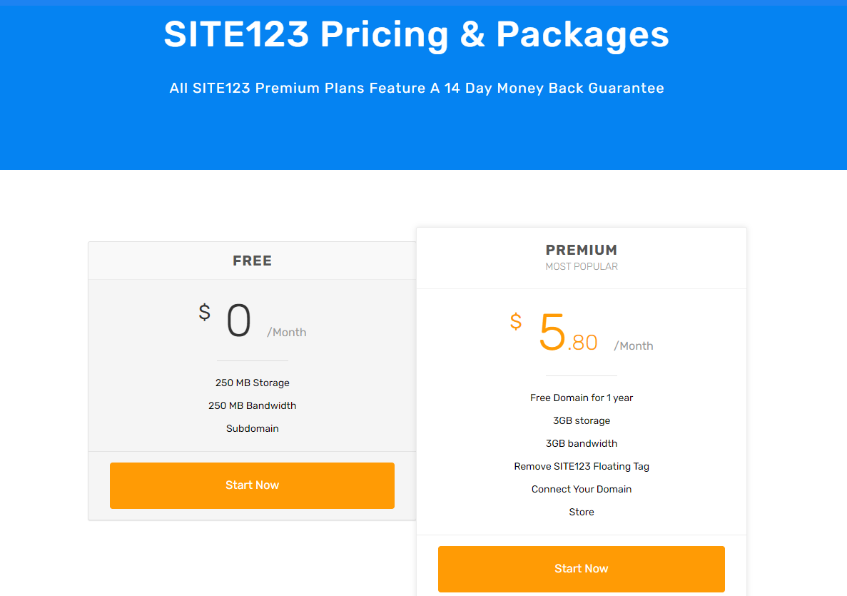 SITE123 pricing