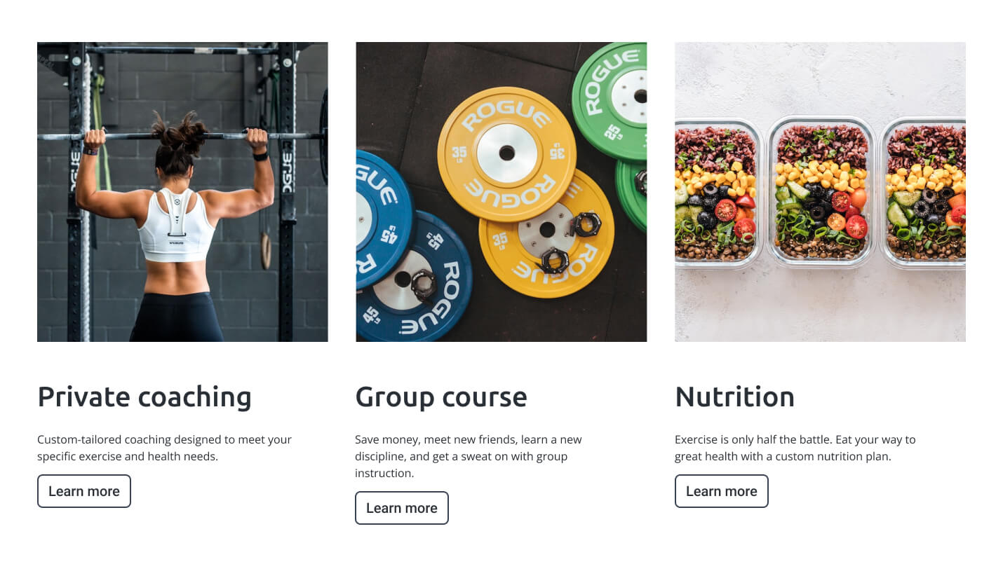 Services section of personal training website showing private coaching, group courses, and nutrition.