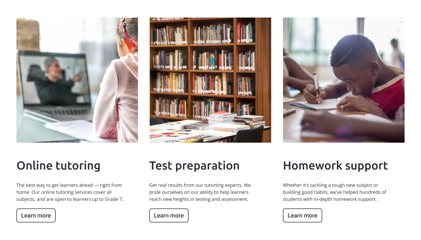 Tutoring services section of website with two images of students and image of bookcase. 