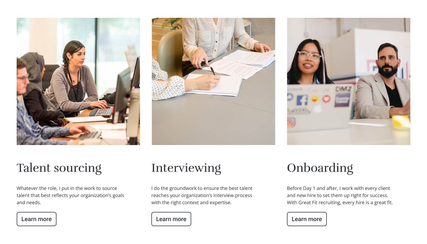 Three images of people working together at desks