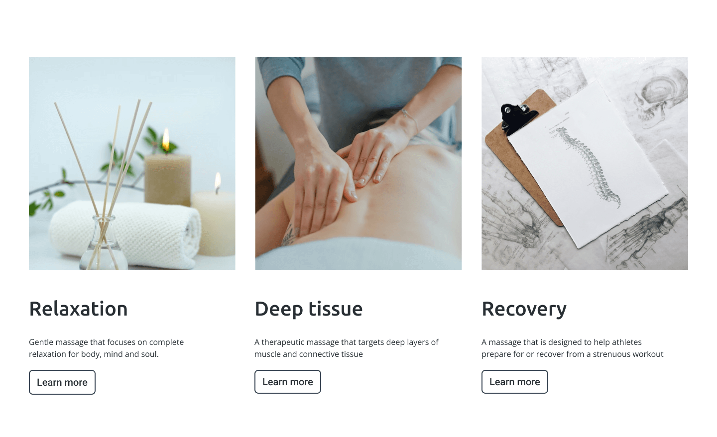 Services section of massage therapy website showing relaxation, deep tissue, and recovery services.