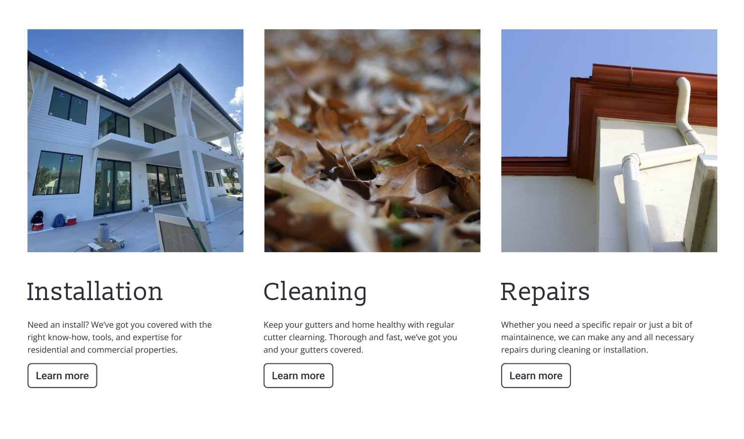 Screenshot of three services offered by gutter cleaning company.